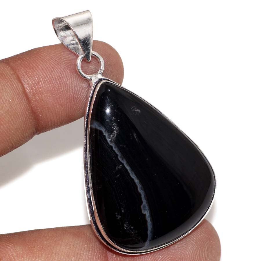 Banded Black Onyx 925 Silver Plated Pendant 2