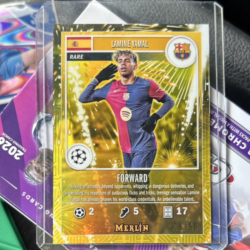 2024-25 Topps Merlin Uefa Club Competitions - Merlin's Gamers Lamine Yamal #MG-16 Gold Firework /50
