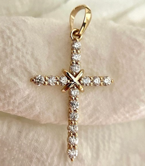 Christmas Sale Solid 14K Yellow Gold Moissanite Cross Pendant Round Cut 1.20 CT-image