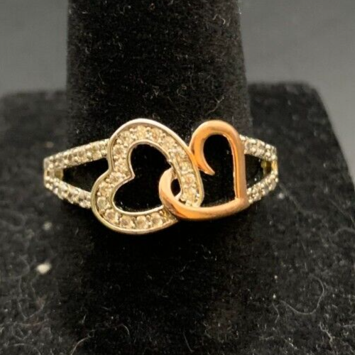 Vintage Antique Silver & Gold Tone Rhinestone Heart Ring - Size 8