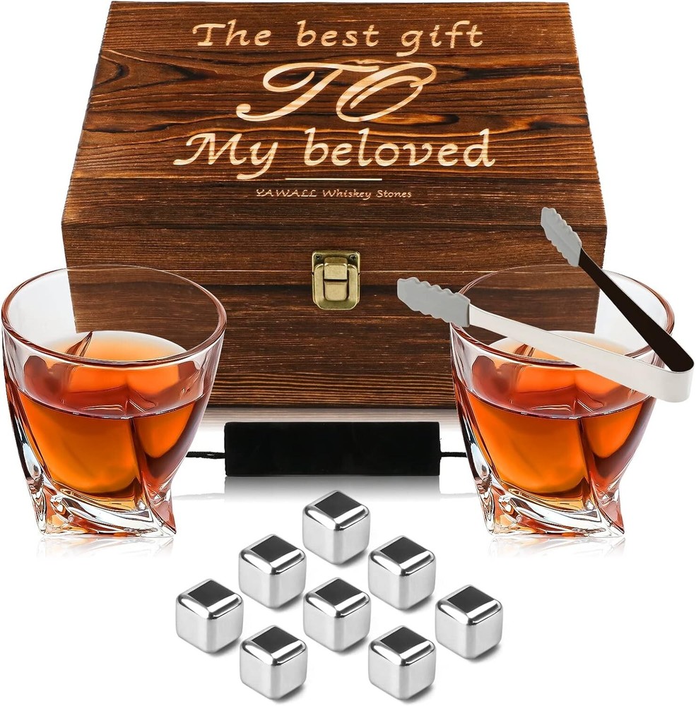 Whisky Stones Gift Set with 2 Glasses 8 Chilling Rocks in Wooden Box  