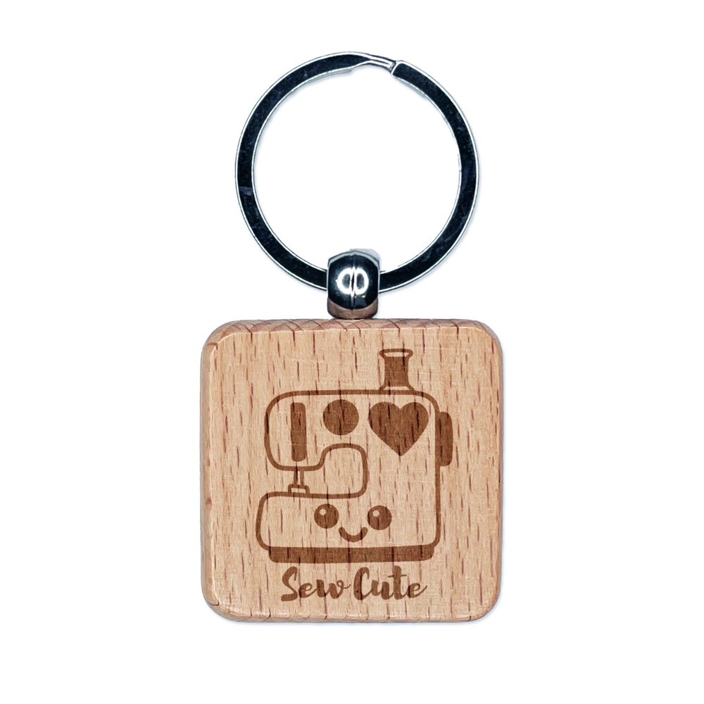 Kawaii Sewing Machine Wood Keychain Charm - Engraved Square Tag