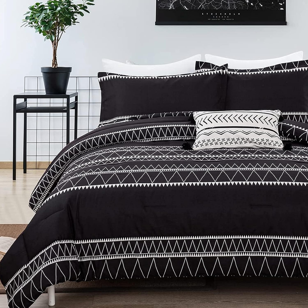 Black Comforter Set Queen Reversible Boho Triangle Striped down Alternative Comf