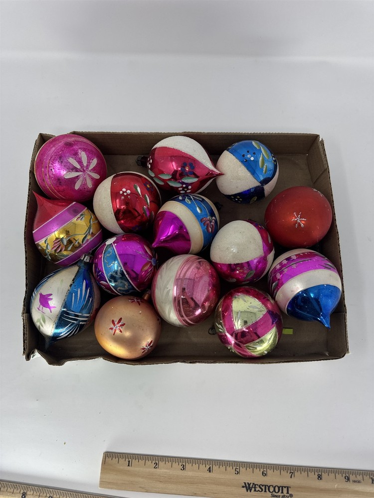 Vintage Glass Christmas Ornaments Lot 14 Large Hand Painted Pink Blue MCM