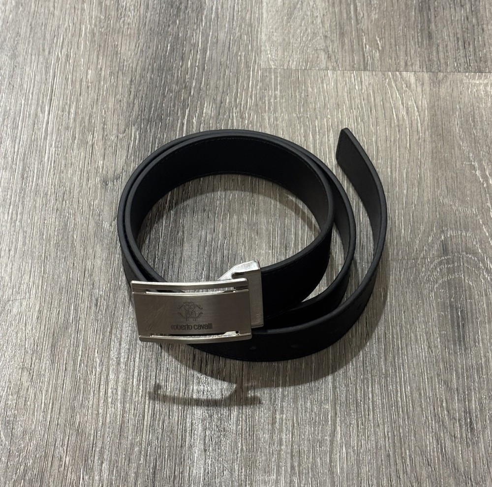 Roberto Cavalli Black Leather Belt Silver Logo Buckle Made in Italy