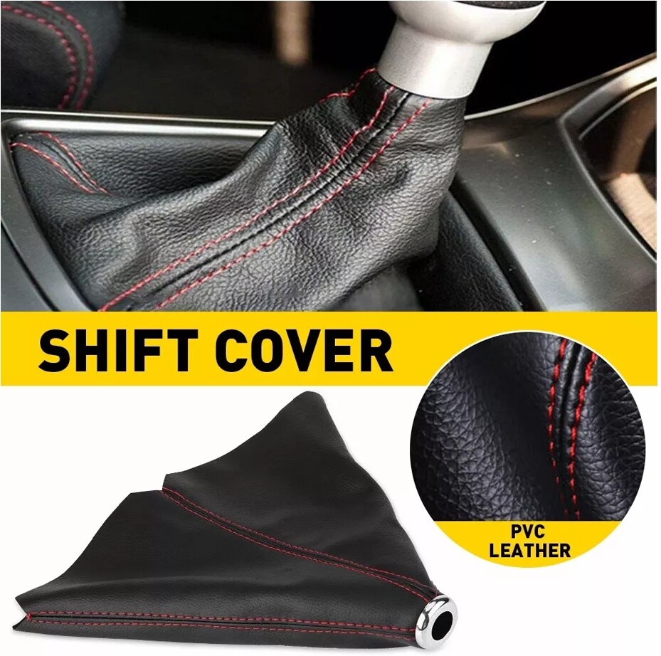 Shift Knob Shifter Boot Cover MT/AT Universal Gear Black W/Red Stitches Leather