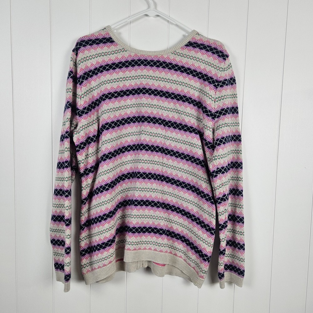 XL Talbots Nordic Sweater Full Zipper Back Tan Pink Blue Round Neck