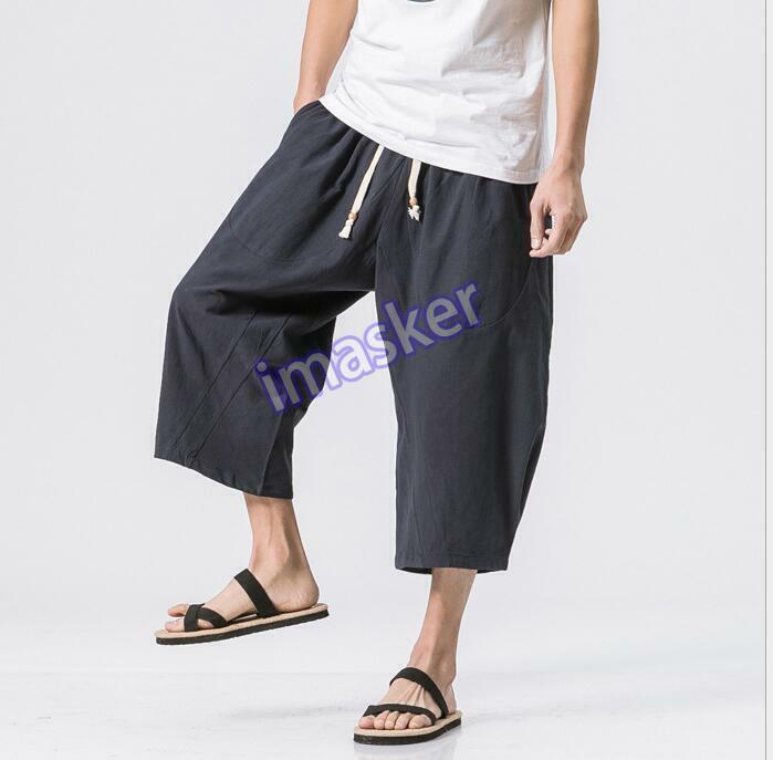 Chinese Men's Linen Cotton Loose Shorts Casual Soft Harem Cropped Pants