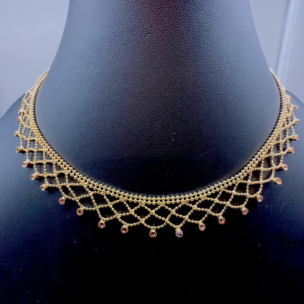 Vintage Givenchy Gold Tone Mesh Lace W/ Swarovski Crystal Choker Necklace 17”