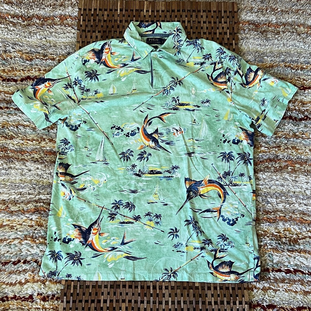 Polo Ralph Lauren Hawaiian Print Polo Golf Shirt Green Men's Size Large L