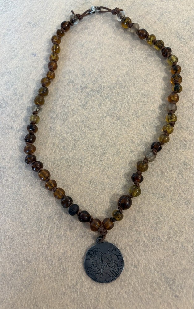 Jes Maharry Rope Necklace With Silver Wolf Pendant And Brown Beads