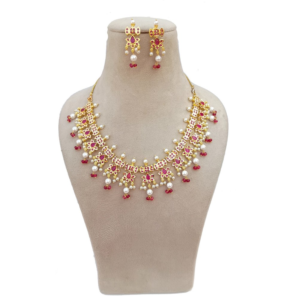 Indian Traditional Gold Plated Ruby Pearl Necklace Earrings Set Bridal Jewelry