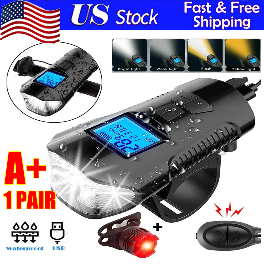 USB-Rechargeable LED Cycle Bike Headlight+Rear Light Horn Speedometer Odometer++