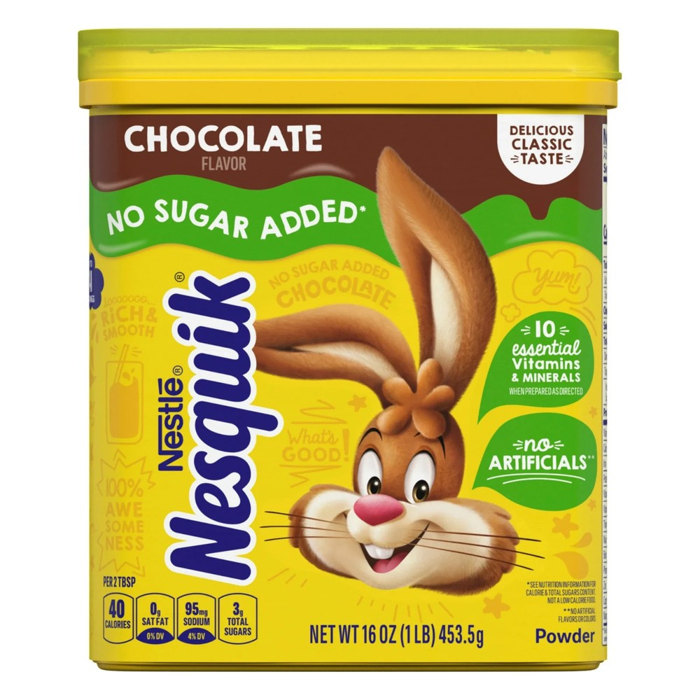 Nestle Nesquik No Sugar Added Chocolate Powder, 16 oz, Can, Makes Instant Chocol