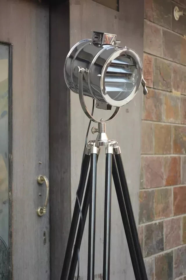 Vintage Hollywood Searchlight Floor Lamp with Black Tripod Nautical Spotlight