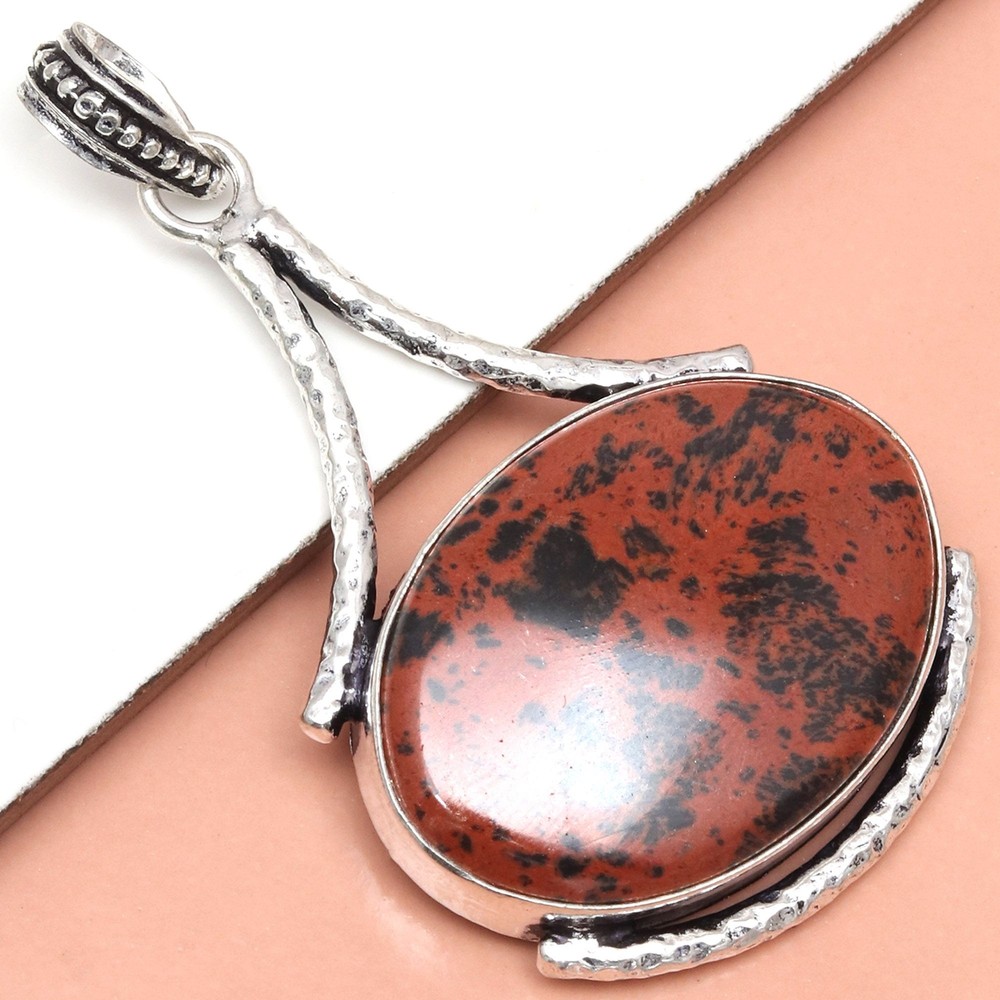 Handmade Mahogany Obsidian Silver Pendant for Women & Men 2.5 Inch