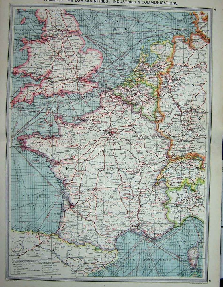 Old Antique Print Map C1880 France Indistries Communications Paris Biscay 19th