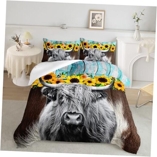 Highland Cattle Flower Comforter Set Size Bull Cattle Bedding Queen A-cattle