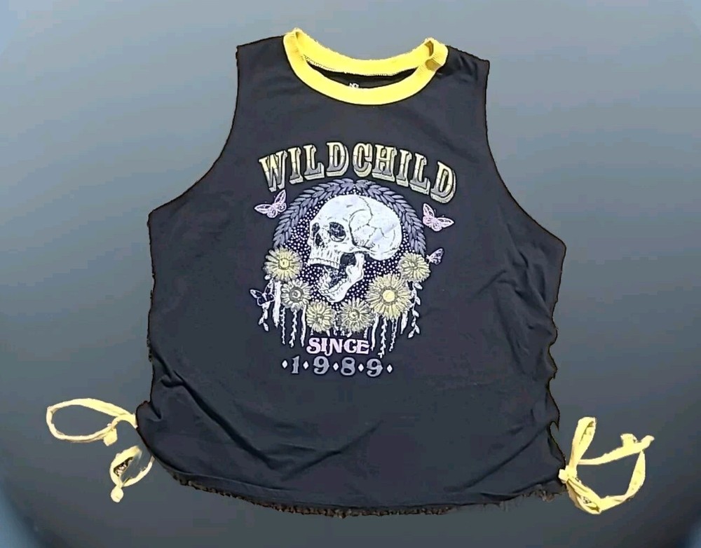 Juniors Tank Top Wild Child Skull Graphic Black X-Large.