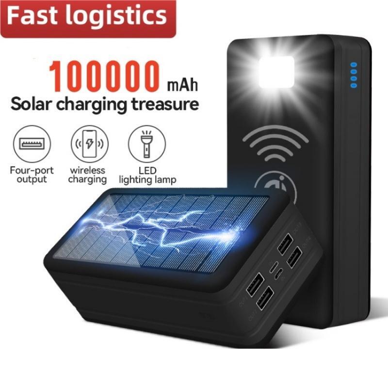 Solar Power Bank 100000mah Mobile Phone Plastic Small Black 4-usb Flashlight 5v