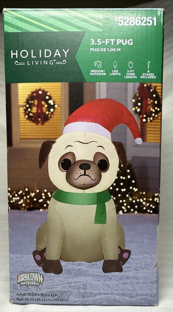 3.5 ft LED Gemmy Airblown Inflatable Pug Dog with Santa Hat