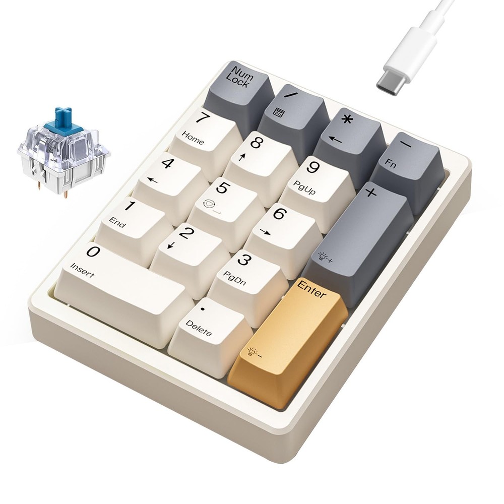 Number Pad, Wired USB Mechanical Numpad Hot-Swappable White Backlit Standard ...