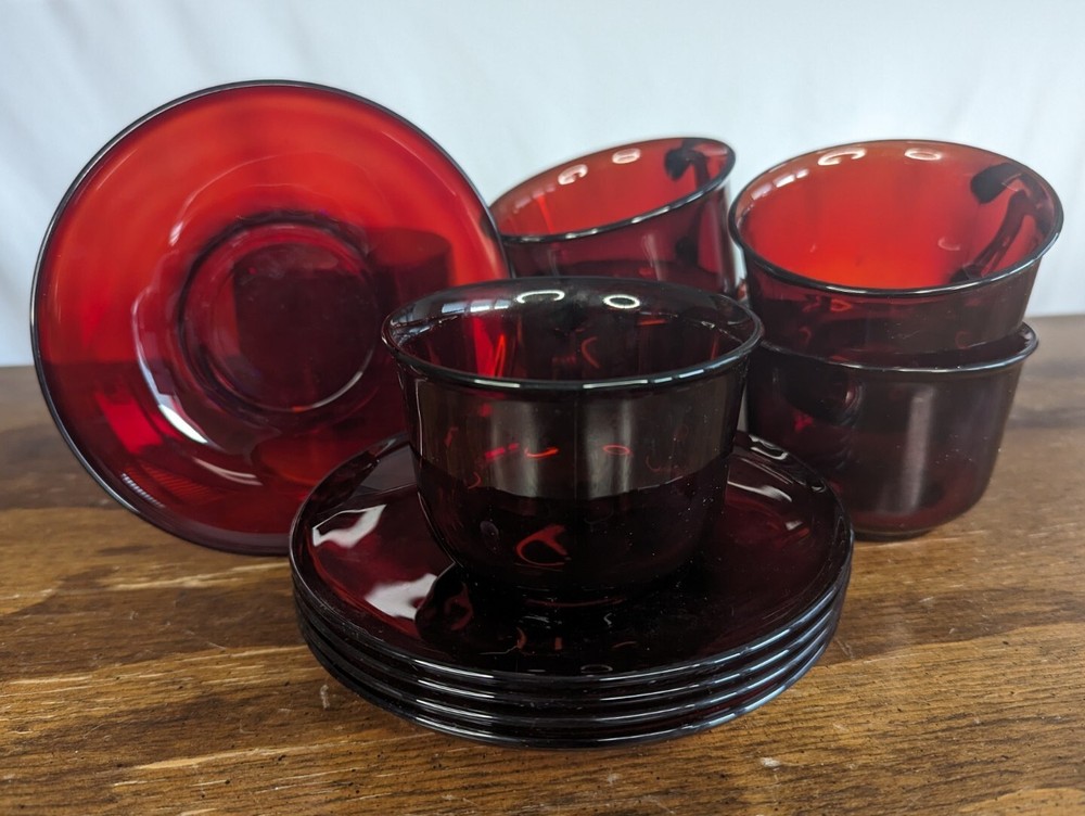 GLCOLOC France RED Ruby Glass Coffee Tea Mugs Saucers Set 5 MCM Anchor Arcoroc