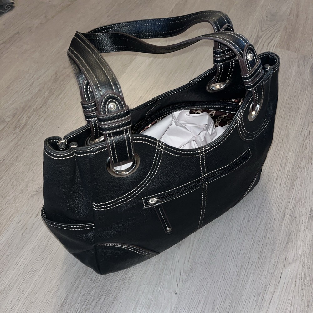 Tignanello Black Leather Shoulder Tote with Contrast Stitching and Chain Print Lining