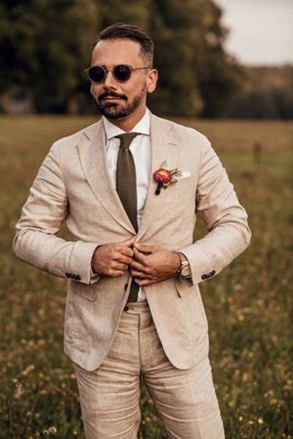 Men Linen Suit Beige Notch Lapel Summer Casual Party Prom Groom Tuxedo Custom