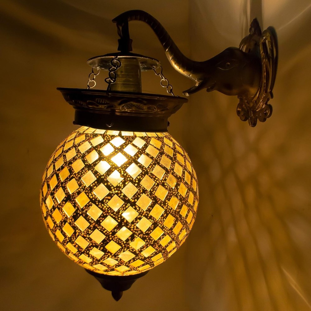 Vintage Golden Wave Mosaic Elephant Wall Sconce Turkish Moroccan Style