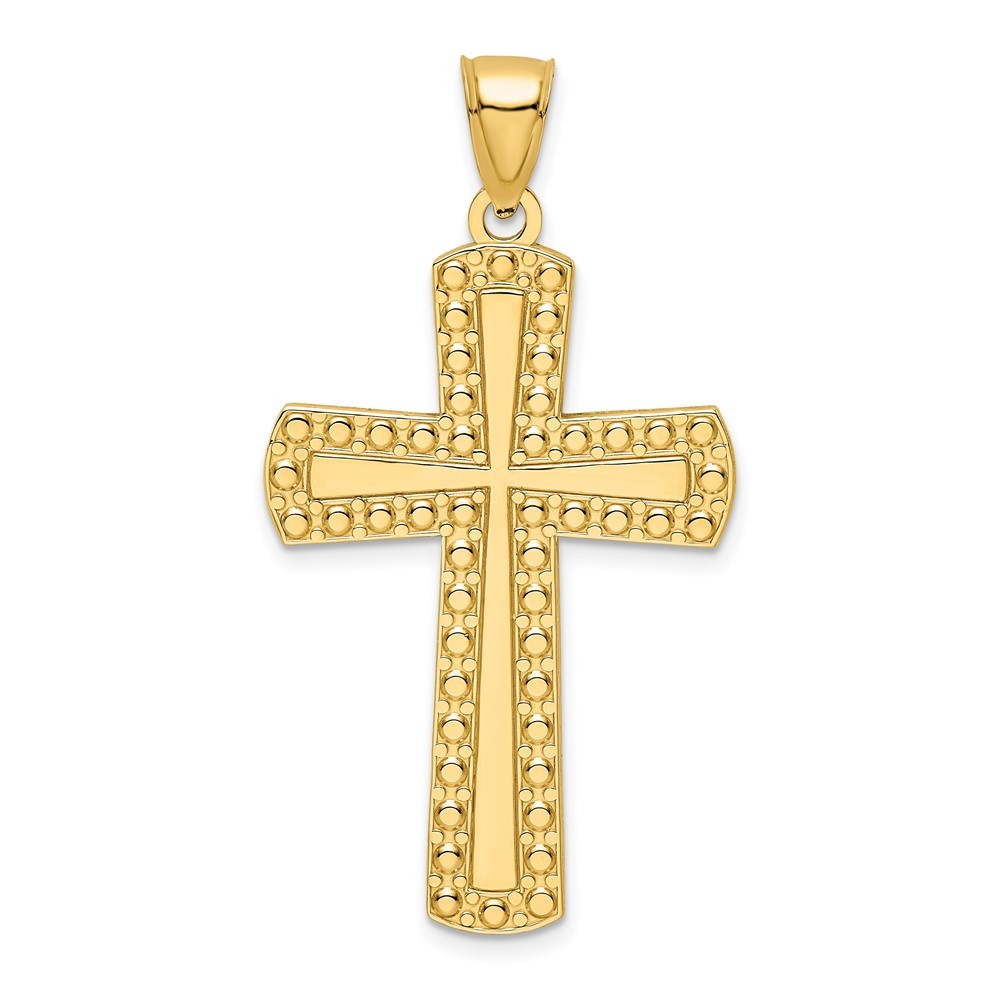 14k Yellow Gold Large Polished Beaded Cross Pendant L-1.84 Inch, W-0.99 Inch