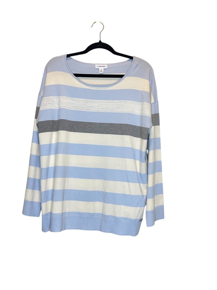 CALVIN KLEIN BLUE, WHITE , SOFT BEIGE SOFDT STRIPE SWATER SIZE L