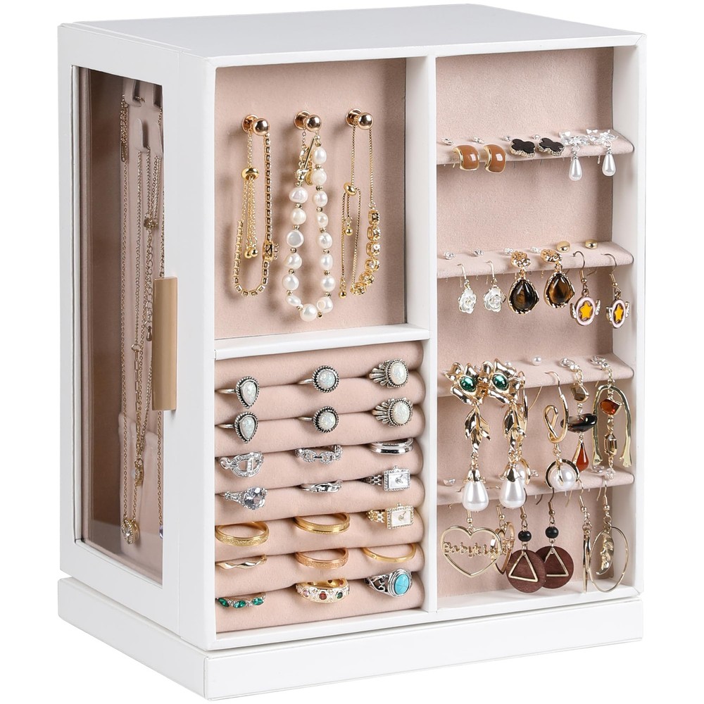 360° Rotating PU Leather Jewelry Organizer with 6 Drawers for Large Storage