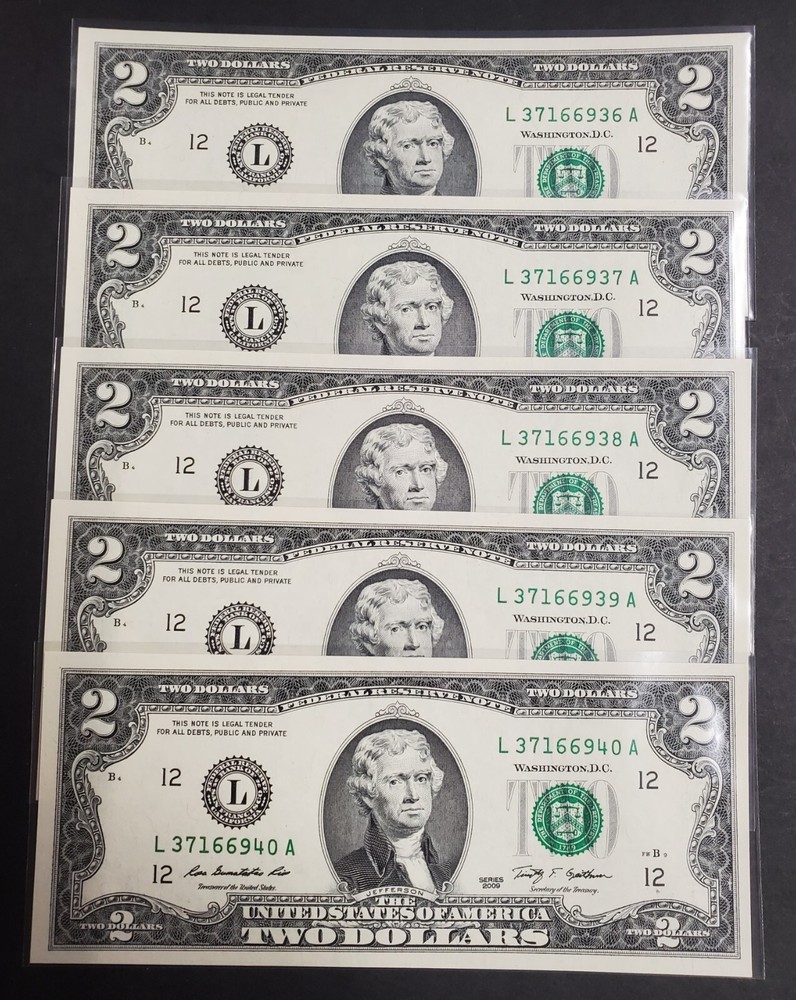 2009 $2 Bill Federal Reserve Note GEM UNC, Consecutive Set of 5