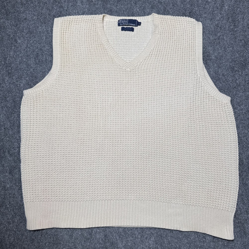 VTG Polo Ralph Lauren Open Knit Sweater Vest Mens XL Beige V-Neck Cotton