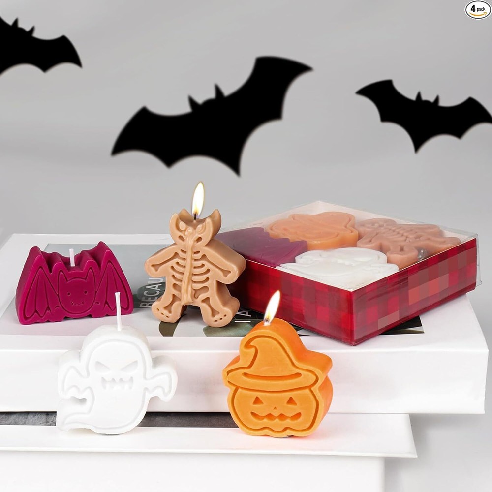 4pcs Spiced Pumpkin Skeleton Ghost Bat Candles for Halloween Decor