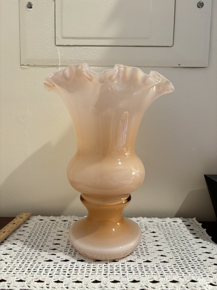Vintage 1940s HTF Fenton Pink Overlay Glass Urn Vase 11 Inch
