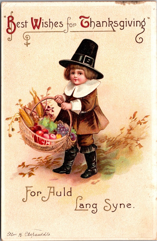 1916 Thanksgiving Postcard a/s Clapsaddle Boy Pilgrim Carries Fruit Basket