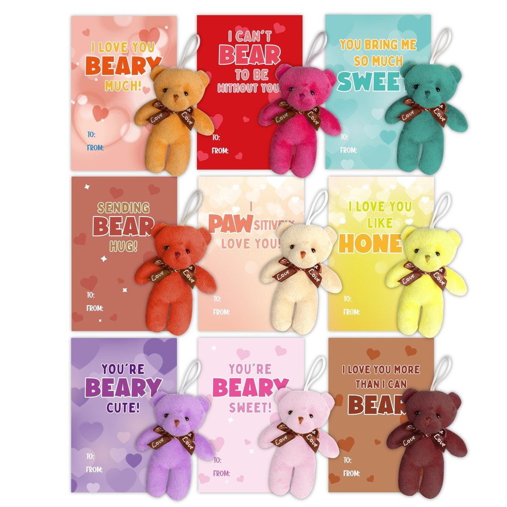 Valentines Day Cards for Kids, 24 Pack Mini Bears Plush Toy with Valentines D...