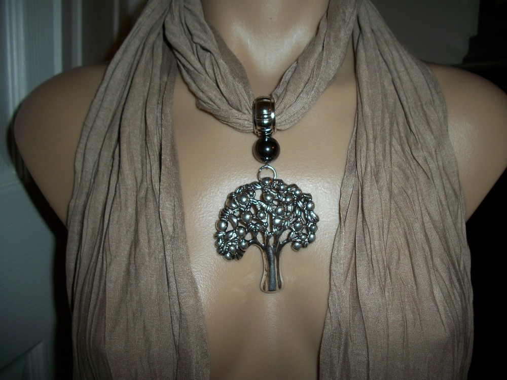 Tree of Life Scarf Pendant Necklace in Tibetan Silver & Soft Beige