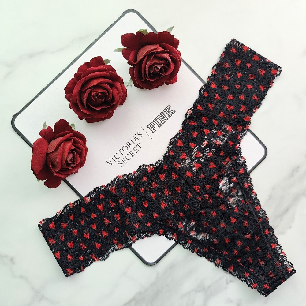 Victoria's Secret Lacie Posey Lace Thong Panty in Black Whimsy Hearts - Sizes M L XL