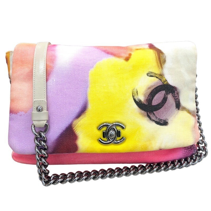 CHANEL Flower Power Silver Canvas Chain Shoulder Bag