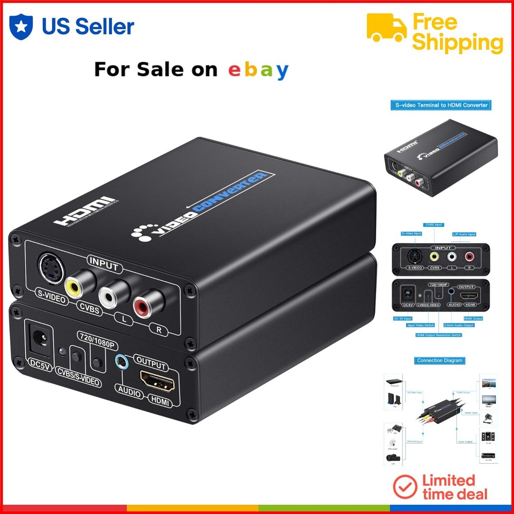 RCA Svideo to HDMI Converter with RCA S-Video Cables Full HD Upscale for Cameras