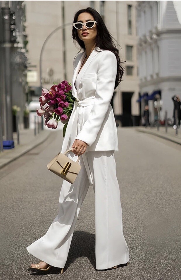 ZARA White Belted Shawl Collar Blazer Dinner Jacket and trousers Co Ord SIZE M