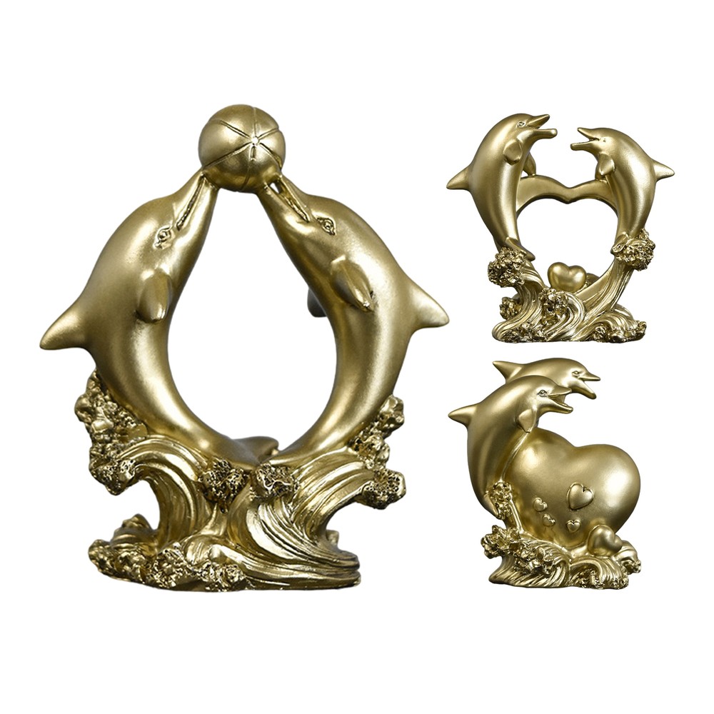 Resin Double Dolphin Statue Golden Sculpture Home Desktop Display Ornaments