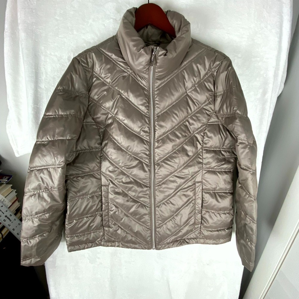 Kenneth Cole Reaction Puffer Jacket Womens Large Grayish-Brown Pockets Full Zip-image