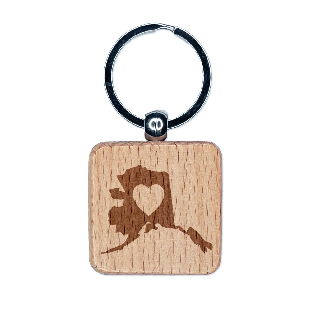 Alaska Wood Heart Engraved Keychain Charm Souvenir