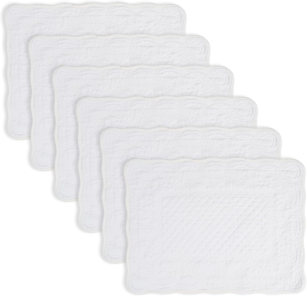 Juego de 6 manteles acolchados blancos 100 % algodón, máquina de manteles rectangulares