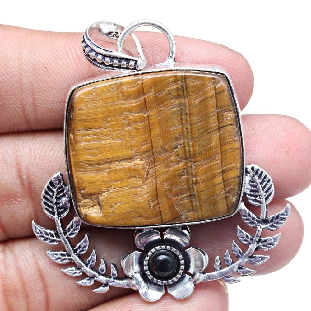 Tiger Eye Drusy Pendant Necklace Silver Jewelry Gift For Her 2.25 Inch