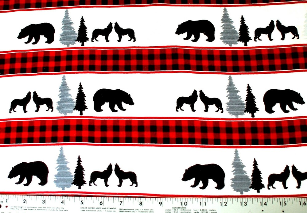 BTY Bears Wolves Trees Red Black Check 100 Cotton Flannel Fabric 42x36 Inches  